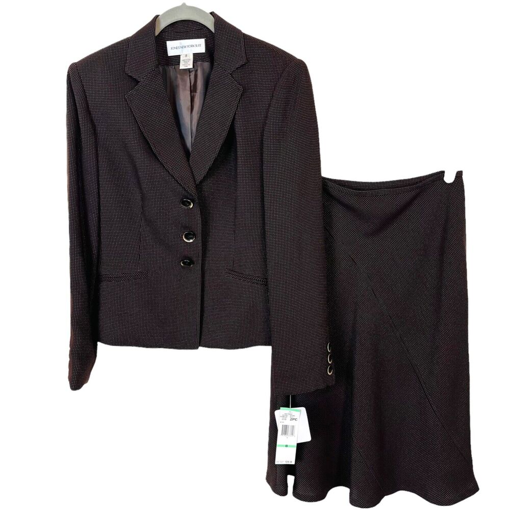 Jones New York Skirt Suit Women's Brown & White Dot NWT MSRP 240 Size 8 2 Piece